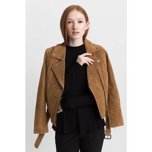 MODERN CITIZEN Morena Moto Suede Leather Jacket Camel Size S Belted Full Zip